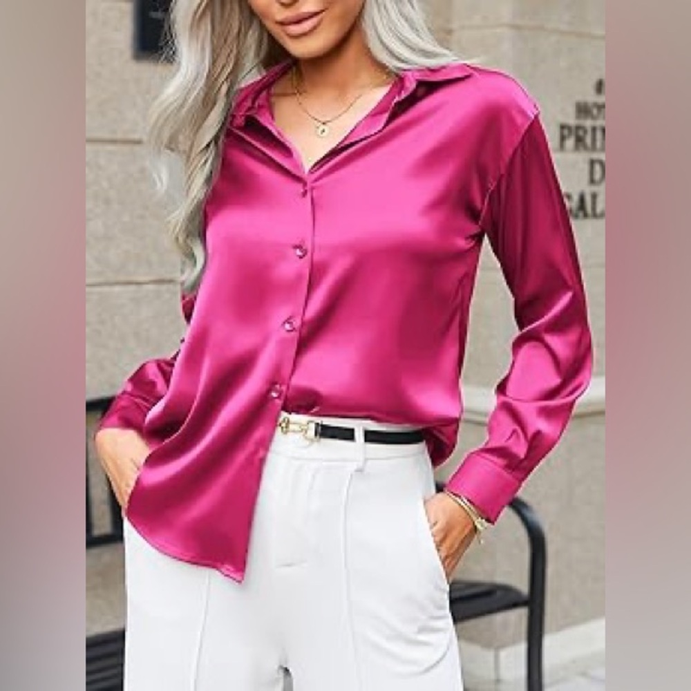 Satin Fuchsia Button-Up Women's Top Long Sleeve size Medium Hot Pink collar - Picture 3 of 6